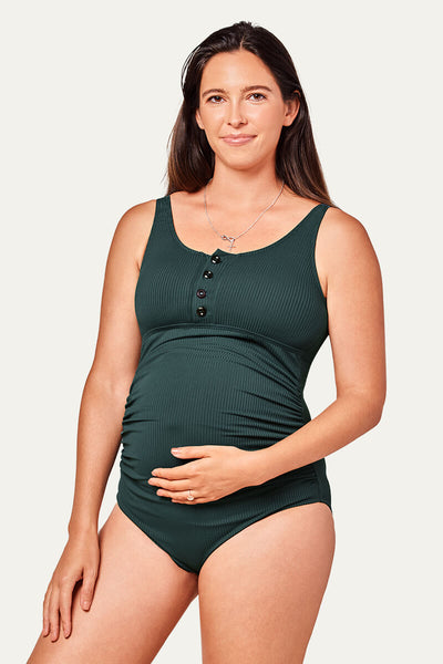 Modest Maternity Swimwear One Piece | Ribbed With Button Front