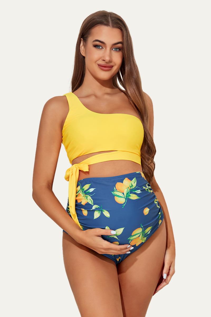 Criss Cross One Shoulder Maternity Bikini Pregnant Swimwear Lemon 13