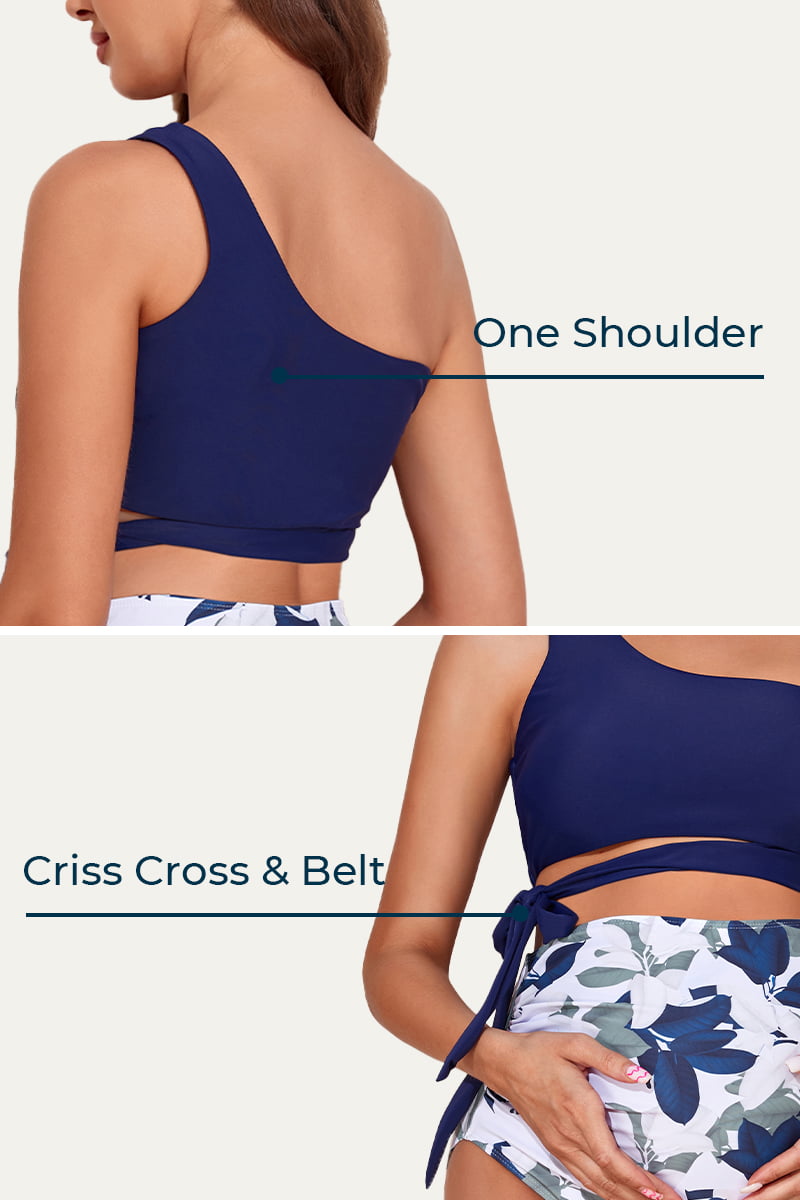 Criss Cross One Shoulder Maternity Bikini Pregnant Swimwear Plain Leaves
