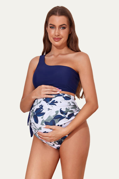 Criss Cross One Shoulder Maternity Bikini Pregnant Swimwear Plain Leaves