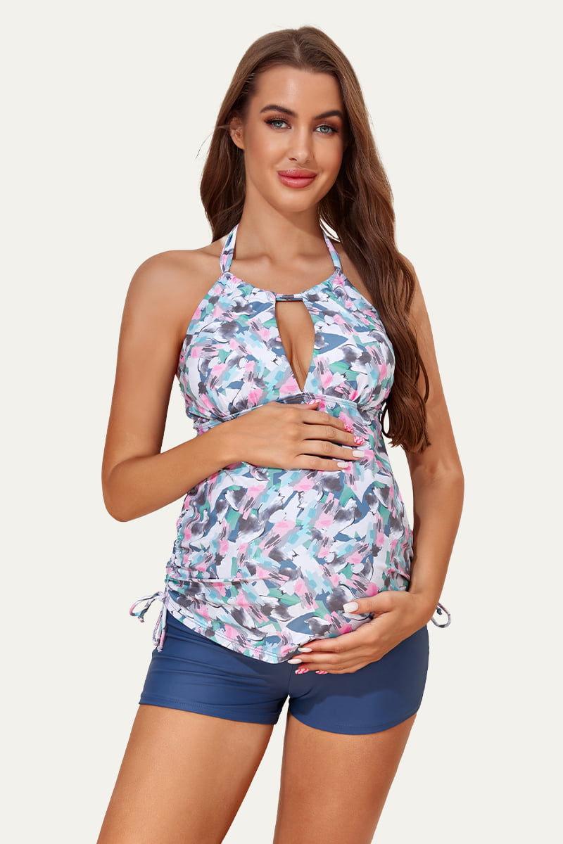 two-piece-v-neck-lace-up-maternity-tankini-set#color_spring-impression-navy