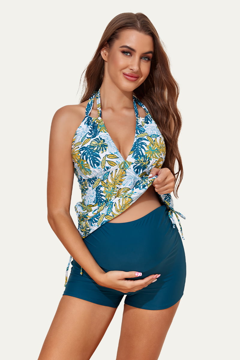 two-piece-v-neck-lace-up-maternity-tankini-set#color_tricolor-monstera-nordic-blue