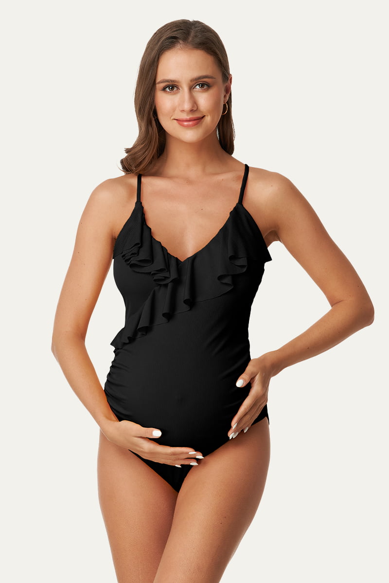 flounce-v-neck-one-piece-maternity-swimsuit-with-adjustable-shoulder-straps#color_black