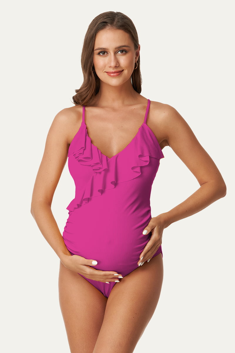 flounce-v-neck-one-piece-maternity-swimsuit-with-adjustable-shoulder-straps#color_cerise