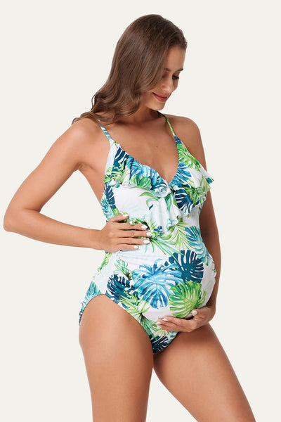 womens-one-piece-ruffled-v-neck-maternity-swimwear#color_beige-delicate-foliage