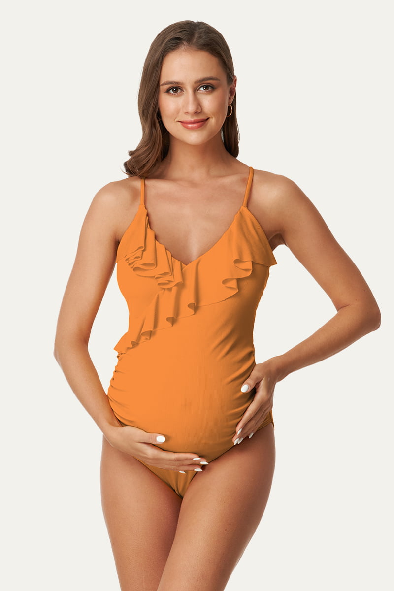 flounce-v-neck-one-piece-maternity-swimsuit-with-adjustable-shoulder-straps#color_orange-crush