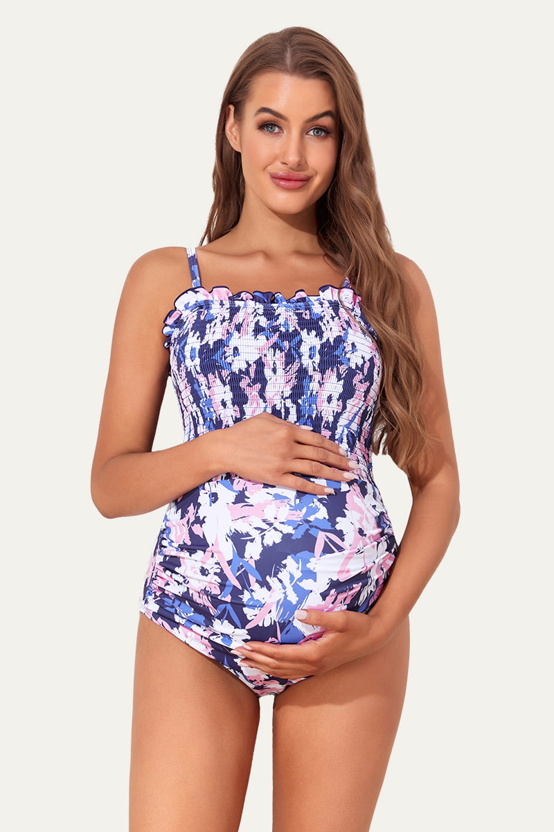 One Piece Ruched Shirred Bandeau Maternity Swimsuit