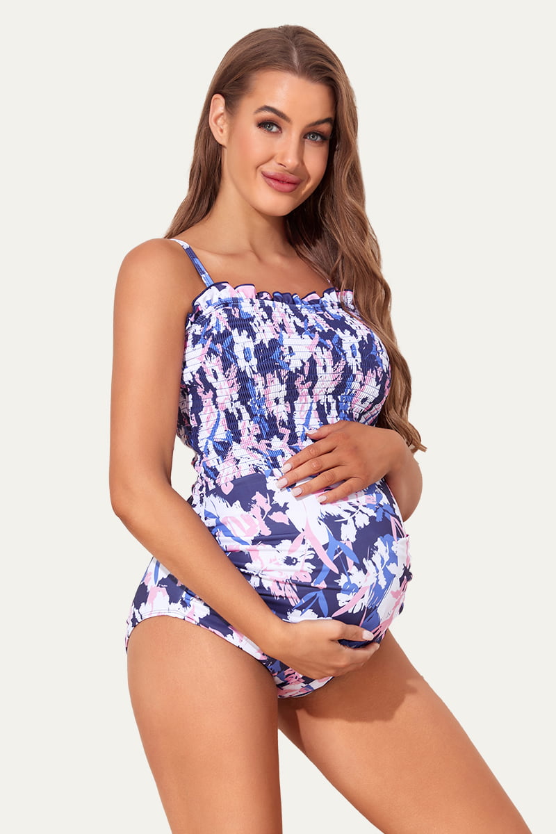 one-piece-ruched-shirred-bandeau-maternity-swimsuit#color_cluttered-flowers-and-leaves
