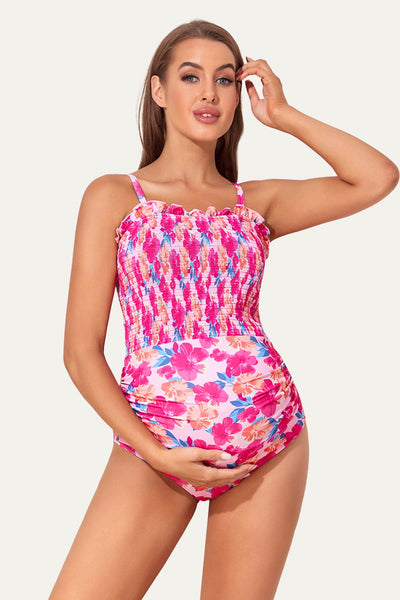 one-piece-ruched-shirred-bandeau-maternity-swimsuit#color_cerise-floral
