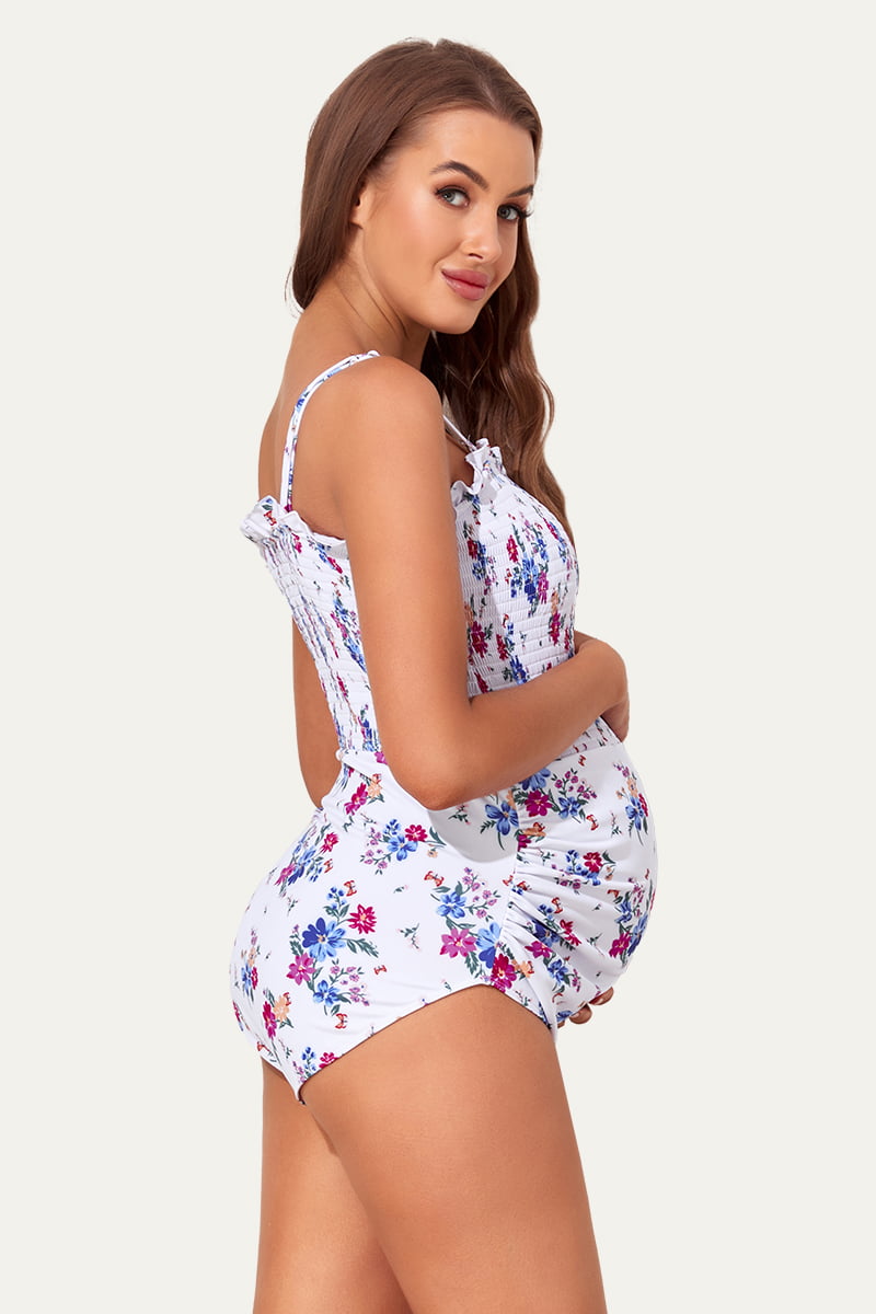 one-piece-ruched-shirred-bandeau-maternity-swimsuit#color_ivory-blossom