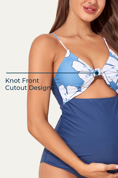 one-piece-v-neck-bow-knot-cutout-pregnancy-swimsuit#color_snowy-petals-denim-blue