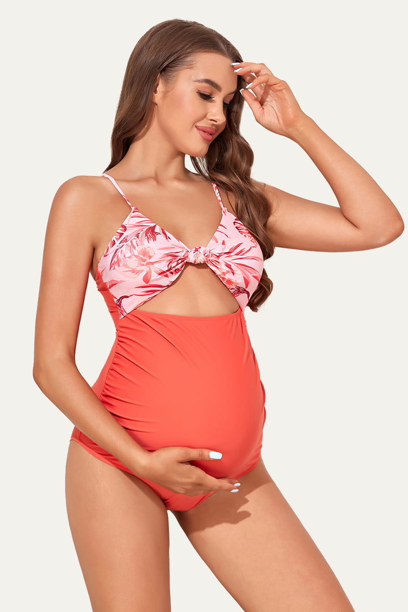 one-piece-v-neck-bow-knot-cutout-pregnancy-swimsuit#color_yellow-branches-coral