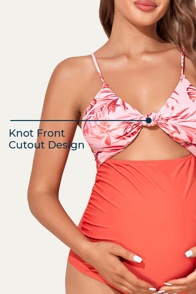 one-piece-v-neck-bow-knot-cutout-pregnancy-swimsuit#color_yellow-branches-coral