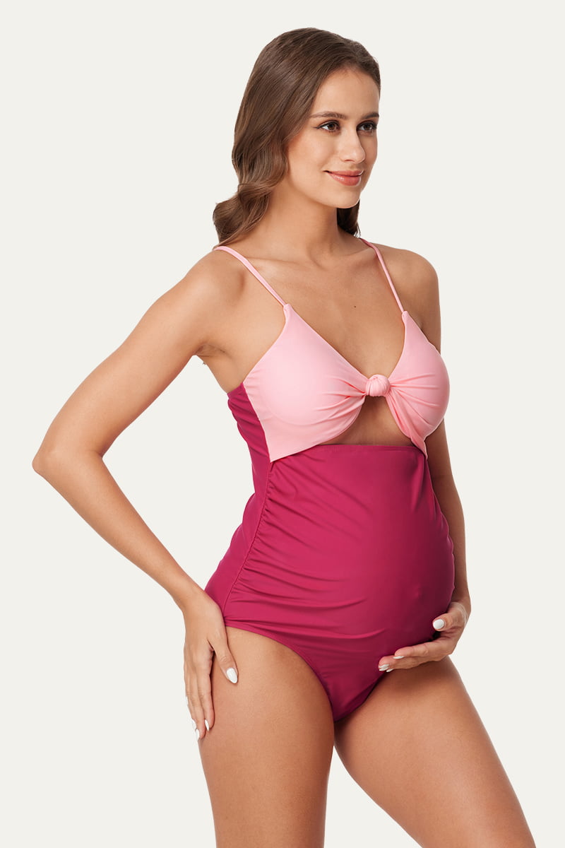 one-piece-front-tie-knot-cutout-swimsuit-color-block-pregnancy-swimwear#color_mauve-cerise