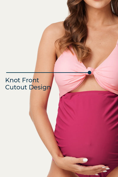 one-piece-front-tie-knot-cutout-swimsuit-color-block-pregnancy-swimwear#color_mauve-cerise