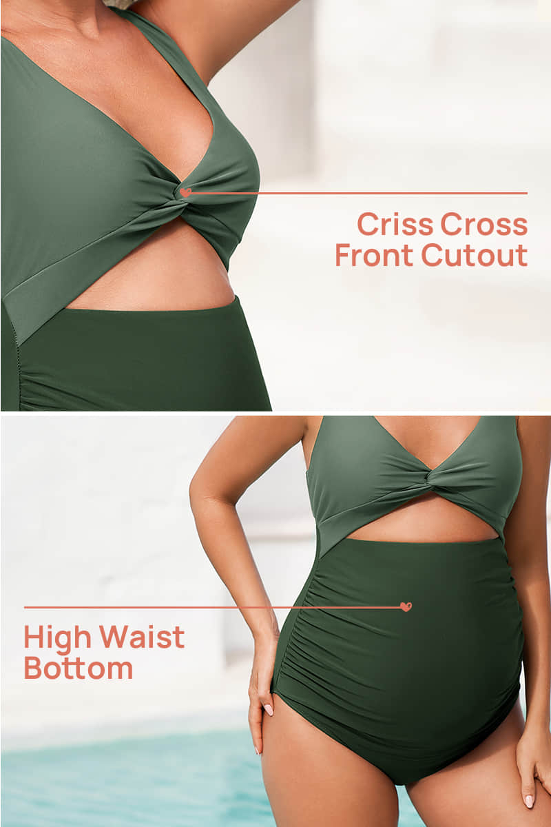 Twist Front Cutout One Piece Pregnancy Swimwear | Criss-Cross Bathing Suit