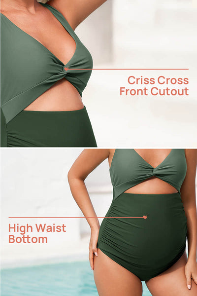 Twist Front Cutout One Piece Pregnancy Swimwear | Criss-Cross Bathing Suit