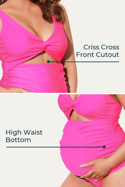 twist-front-cutout-one-piece-pregnancy-swimwear-criss-cross-bathing-suit#color_barbie-pink