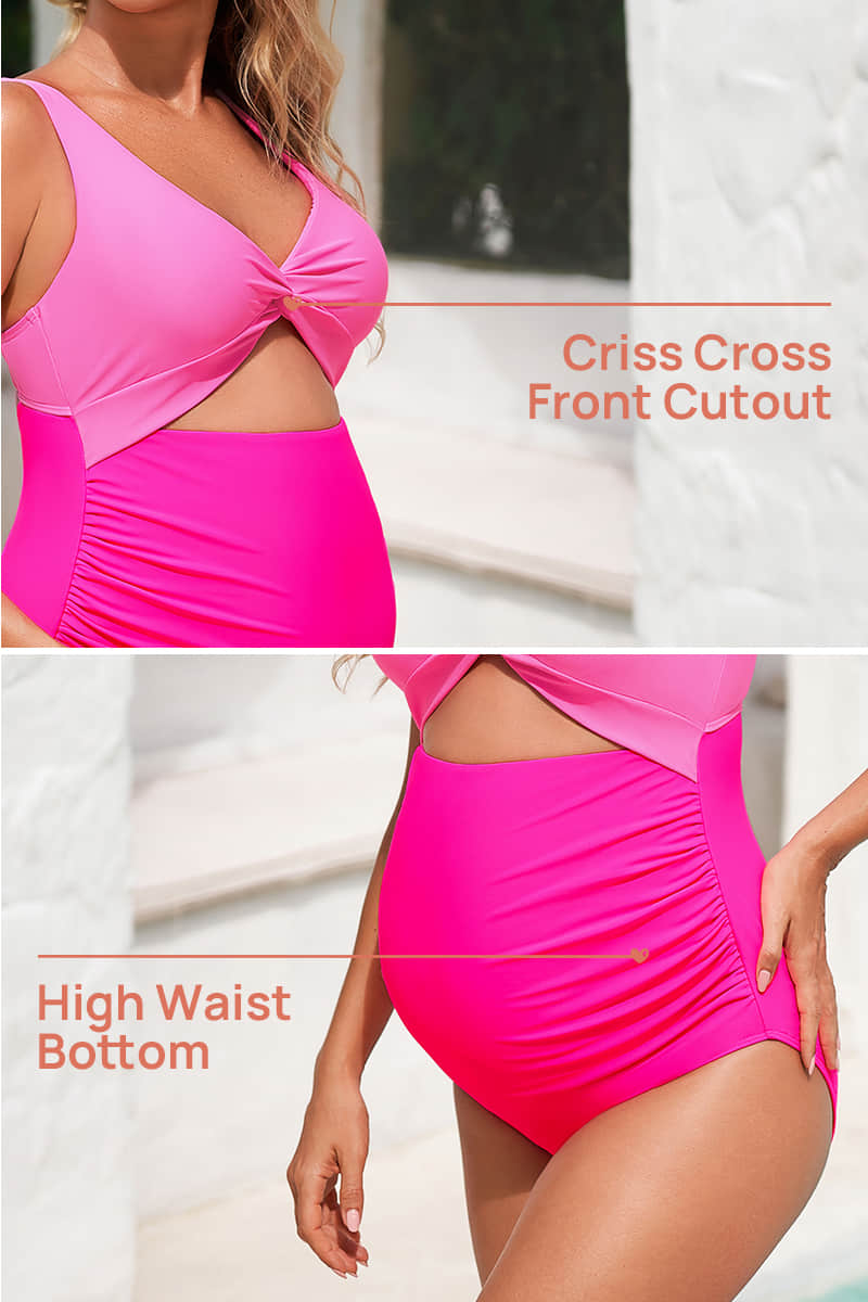 twist-front-cutout-one-piece-pregnancy-swimwear-criss-cross-bathing-suit#color_bright-red-hot-pink