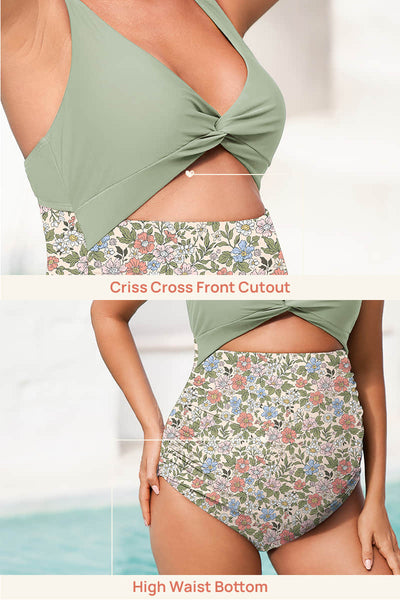 One Piece Floral Criss Cross Cutout Maternity Swimwear