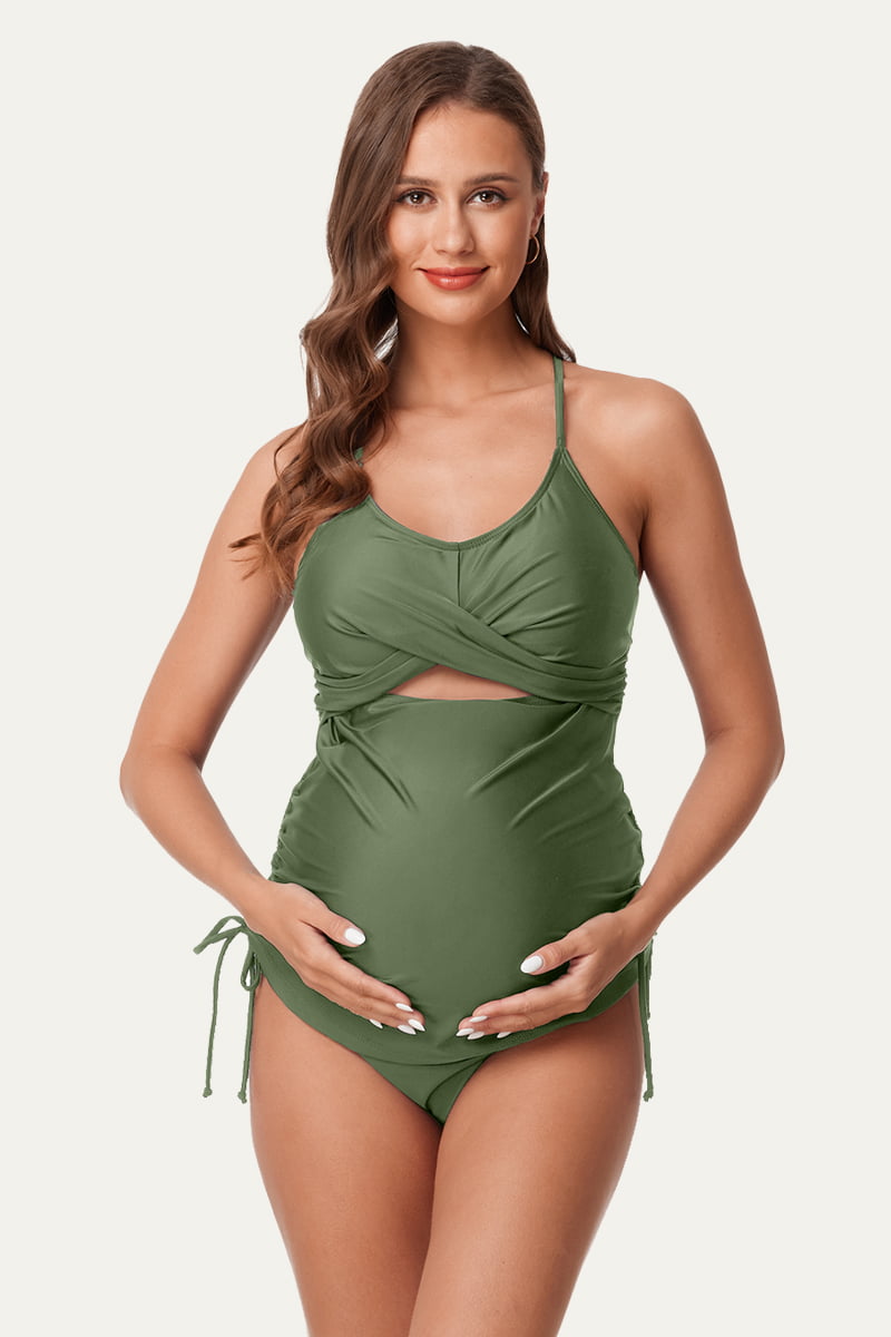 two-piece-criss-cross-cutout-maternity-tankini-swimsuit#color_olive