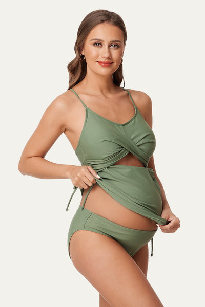 two-piece-criss-cross-cutout-maternity-tankini-swimsuit#color_olive