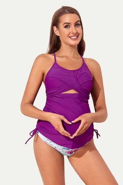 two-piece-cutout-cross-back-maternity-tankini-swimsuit#color_indigo-vivid-purple-floral