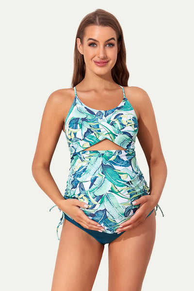two-piece-cutout-cross-back-maternity-tankini-swimsuit#color_verdant-leaves-forest