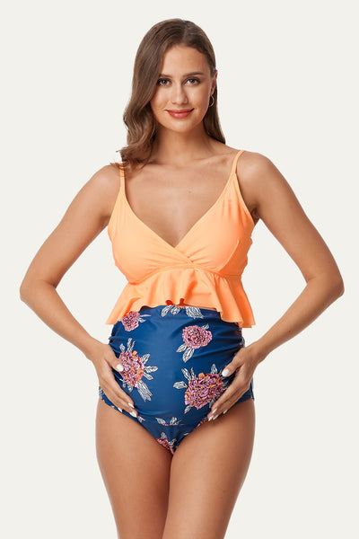 maternity-high-waist-ruffled-bikini-set-v-neck-pregnancy-swimwear#color_orange-crush-two-tone-peony