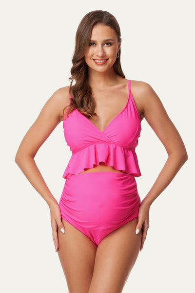 high-waist-v-neck-ruffled-maternity-bikini-set#color_barbie-pink