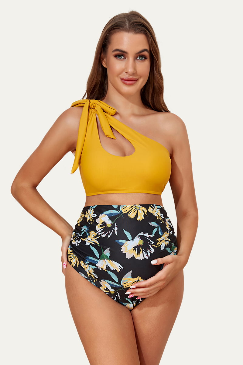 one-shoulder-tie-side-cutout-maternity-swimsuits#color_mustard-black-watercolor-bloom