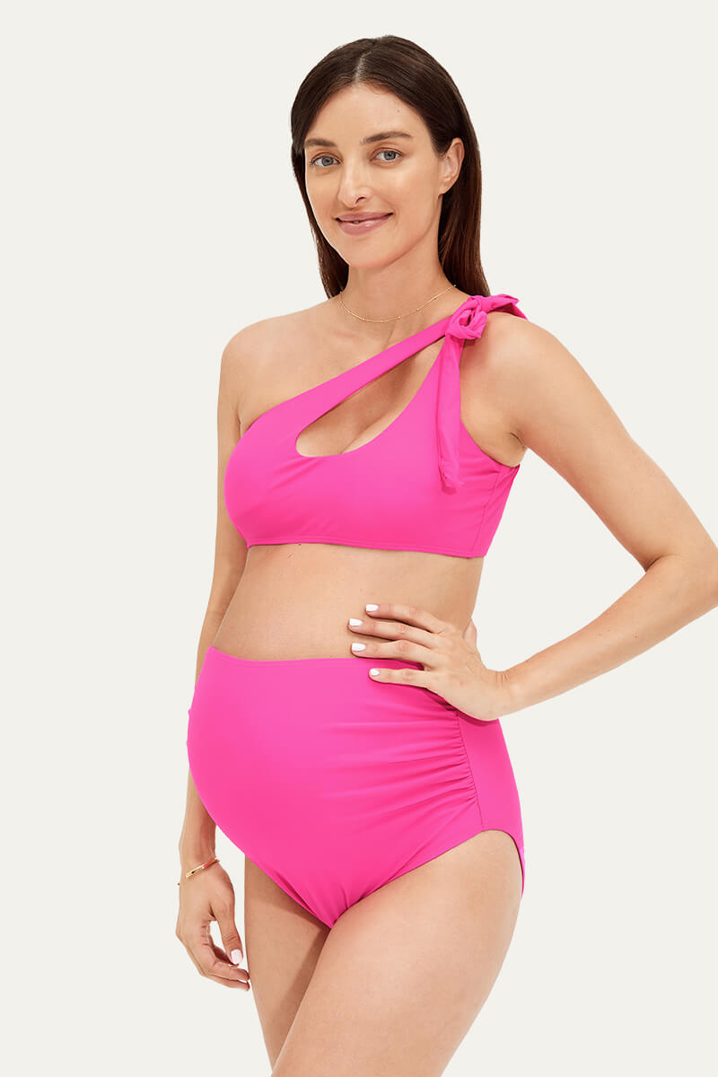 cutout-one-shoulder-tie-side-pregnancy-swimwear#color_barbie-pink