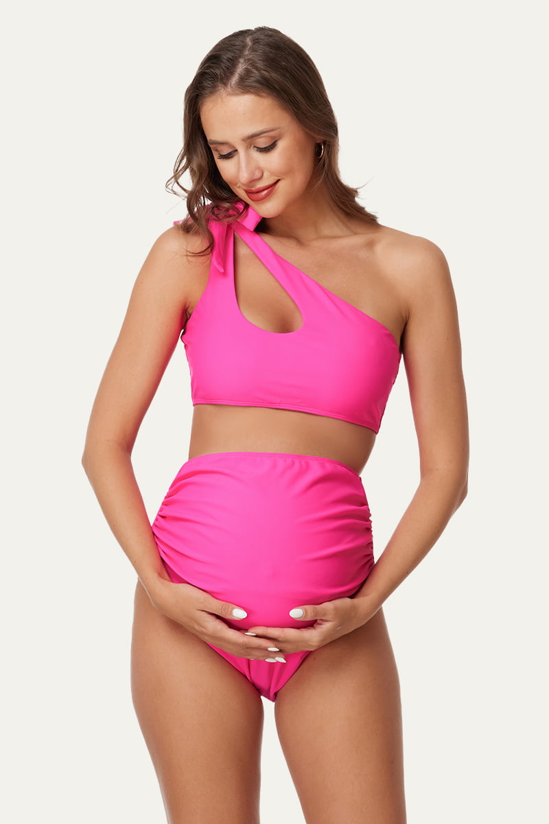 cutout-one-shoulder-tie-side-pregnancy-swimwear#color_barbie-pink
