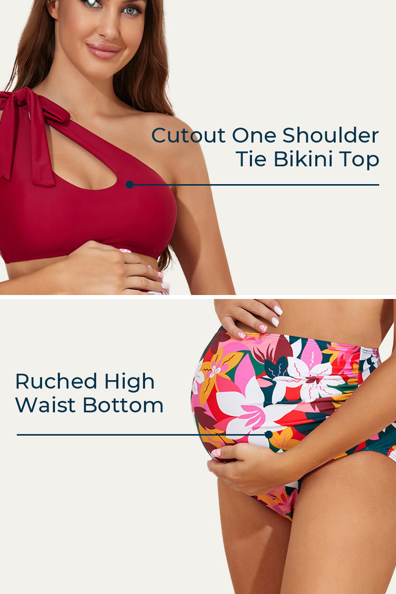 one-shoulder-tie-side-cutout-maternity-swimsuits#color_merlot-red-bouquet-1