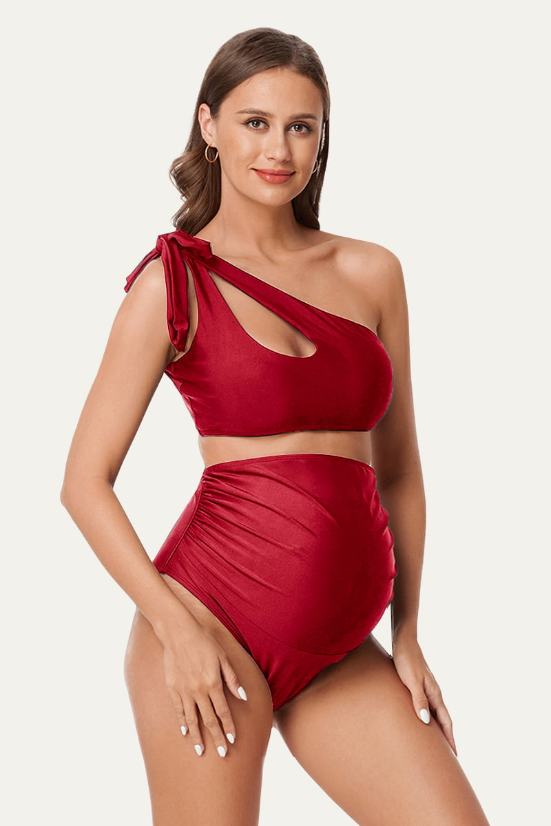 cutout-one-shoulder-tie-side-pregnancy-swimwear#color_ruby
