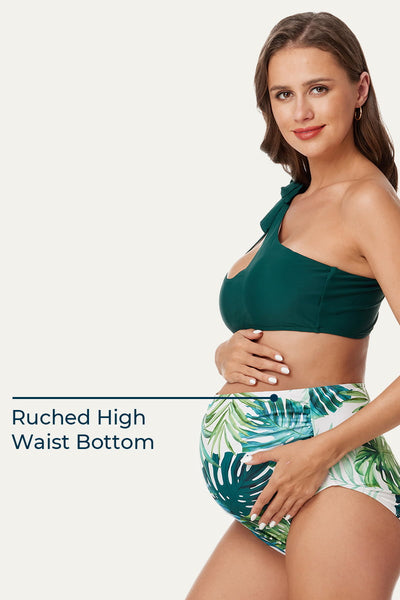 Maternity Cutout One Shoulder Bikini Set | Tie Side Pregnancy Swimwear
