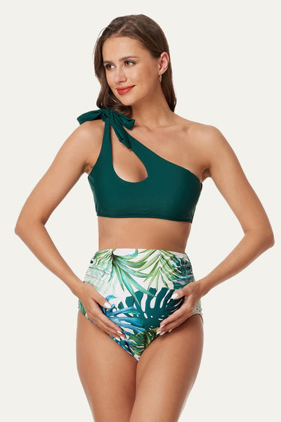 maternity-cutout-one-shoulder-bikini-set-tie-side-pregnancy-swimwear#color_sacramento-beige-delicate-foliage