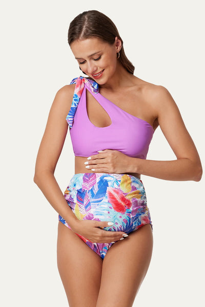 maternity-cutout-one-shoulder-bikini-set-tie-side-pregnancy-swimwear#color_violet-beige-prime-foliage