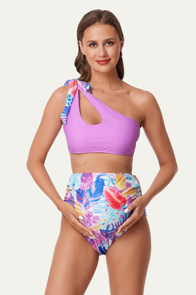 maternity-cutout-one-shoulder-bikini-set-tie-side-pregnancy-swimwear#color_violet-beige-prime-foliage