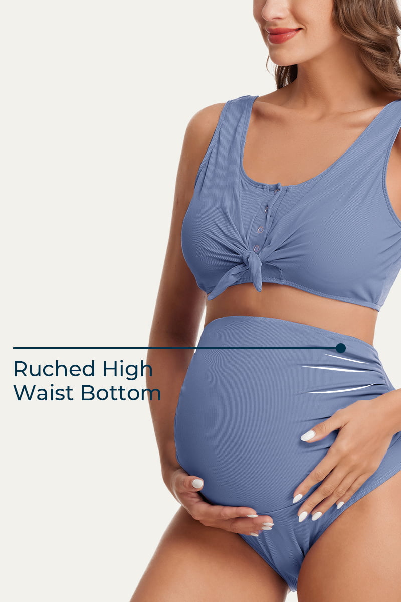 Two-Piece Ribbed Front Knot Maternity Swimsuit