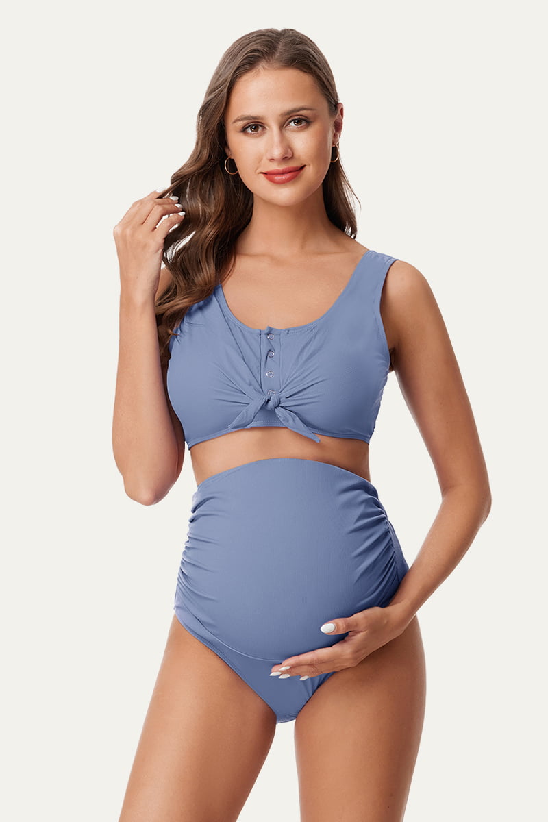 Two-Piece Ribbed Front Knot Maternity Swimsuit