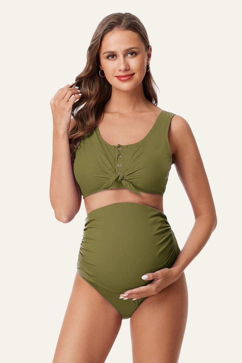 two-piece-ribbed-front-knot-maternity-swimsuit#color_olive