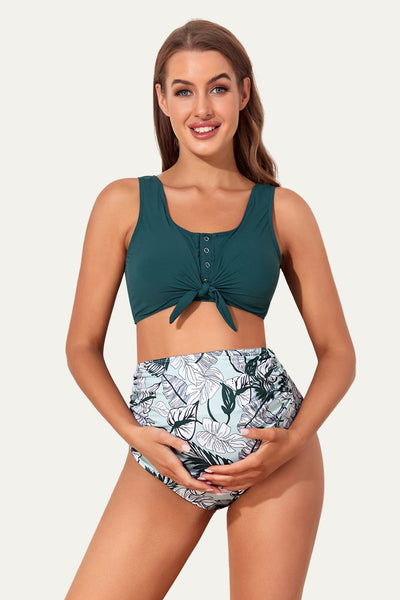 sporty-ribbed-front-tie-knot-maternity-bikini-sets#color_sacramento-pinnate-leaf
