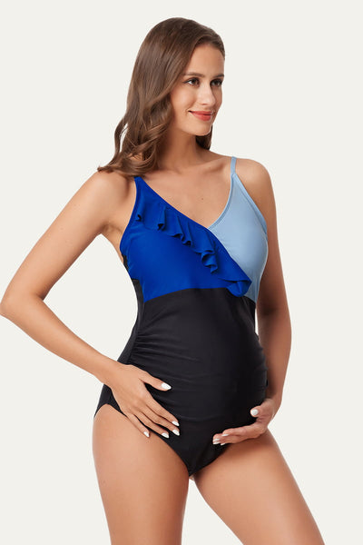 one-piece-color-block-flounce-pregnancy-swimwear#color_denim-blue-baby-blue-black