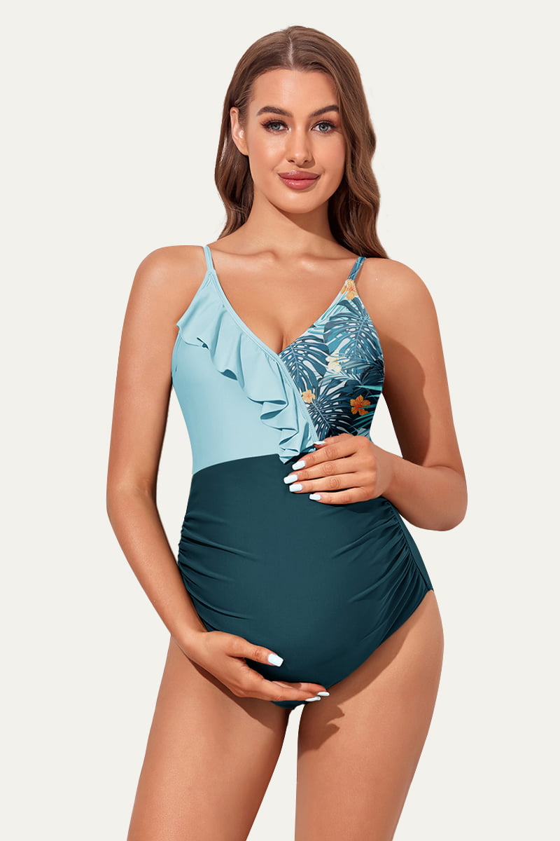maternity-ruffled-color-block-one-piece-swimsuit#color_mint-forest-jungle-orange-blossom