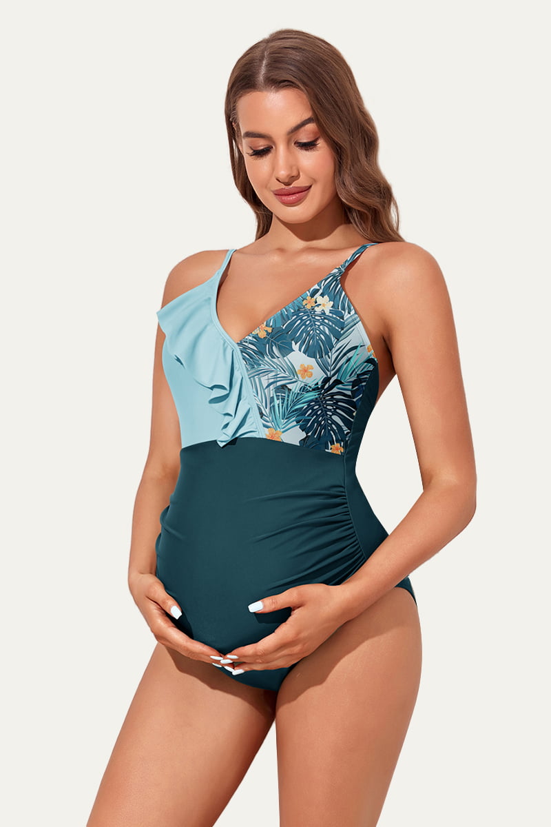 maternity-ruffled-color-block-one-piece-swimsuit#color_mint-forest-jungle-orange-blossom