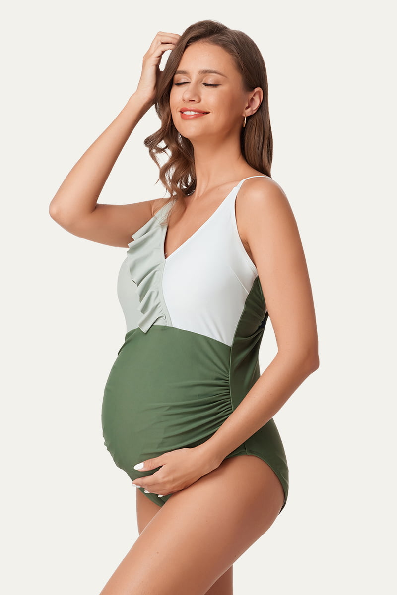one-piece-color-block-flounce-pregnancy-swimwear#color_grey-1-grey-2-olive