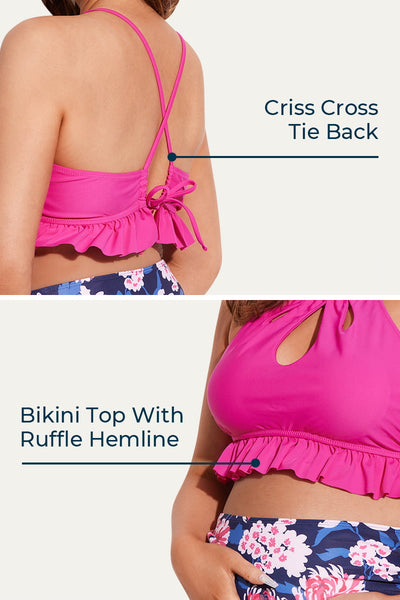 two-piece-high-neck-keyhole-maternity-swimsuits-ruffle-hem-bikini-sets#color_cerise-blue-bouquet-33