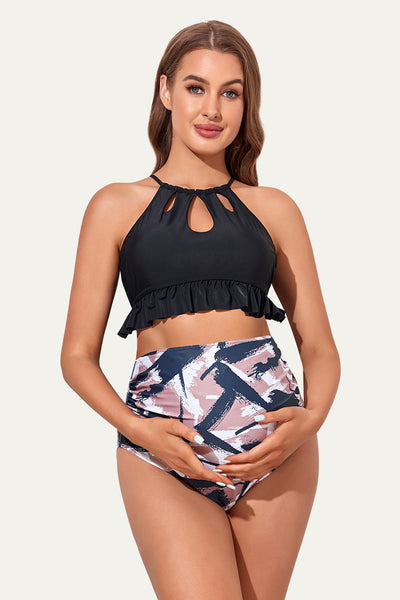 ruffle-hem-high-neck-keyhole-maternity-bikini-sets#color_black-dried-pen-scratch