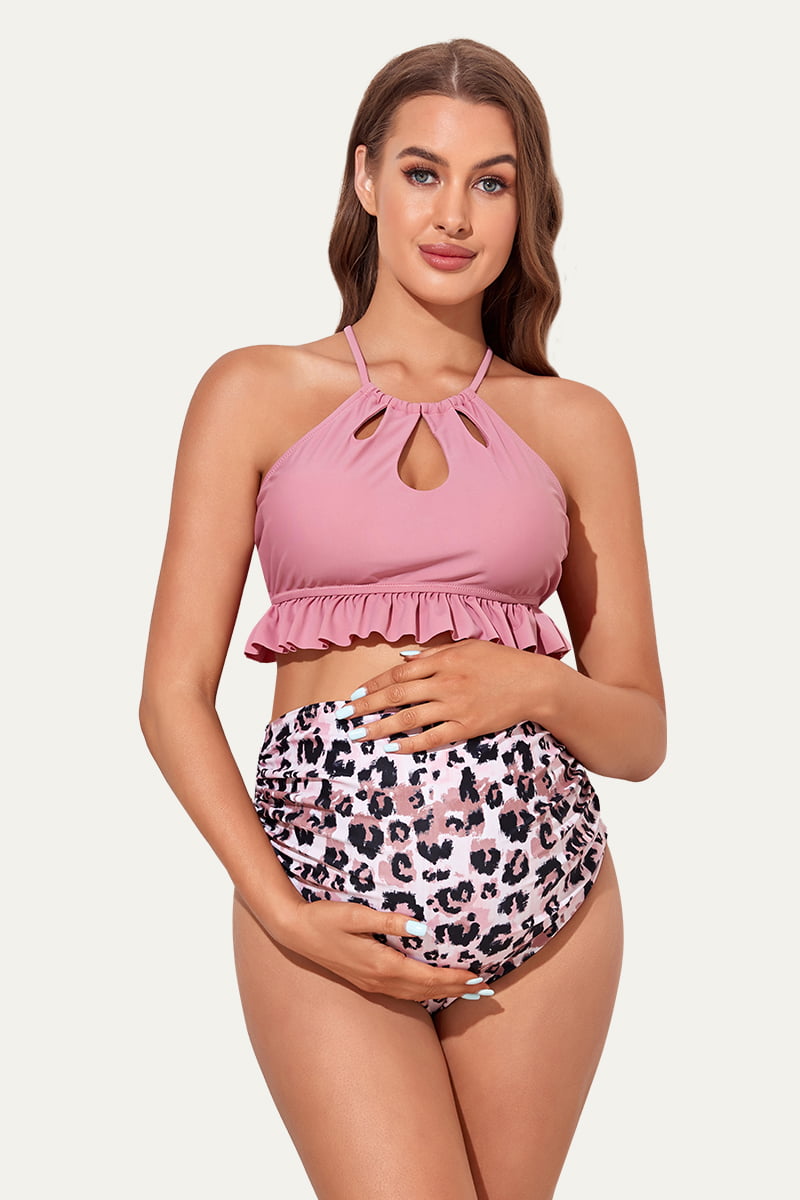 ruffle-hem-high-neck-keyhole-maternity-bikini-sets#color_mauve-leopard-35